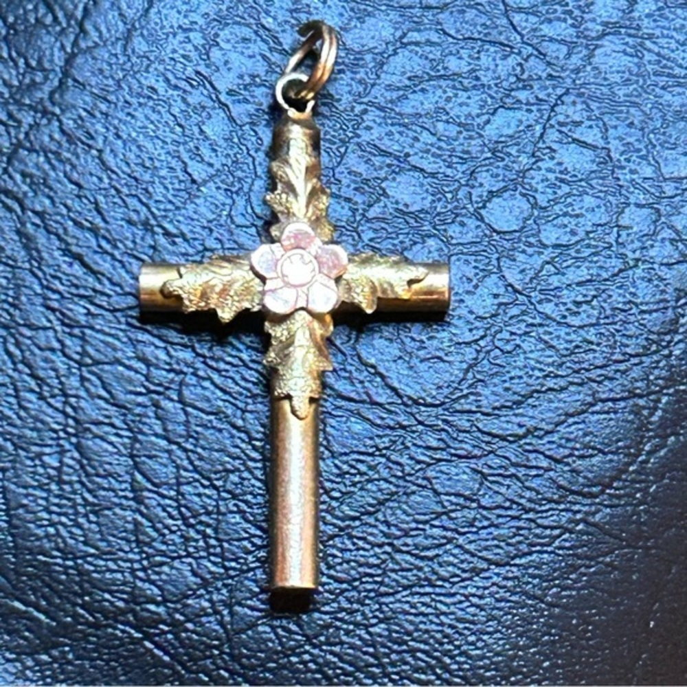 Gold Cross with Pink Gold Flower and Green Gold Leaves, 80ish Years Old